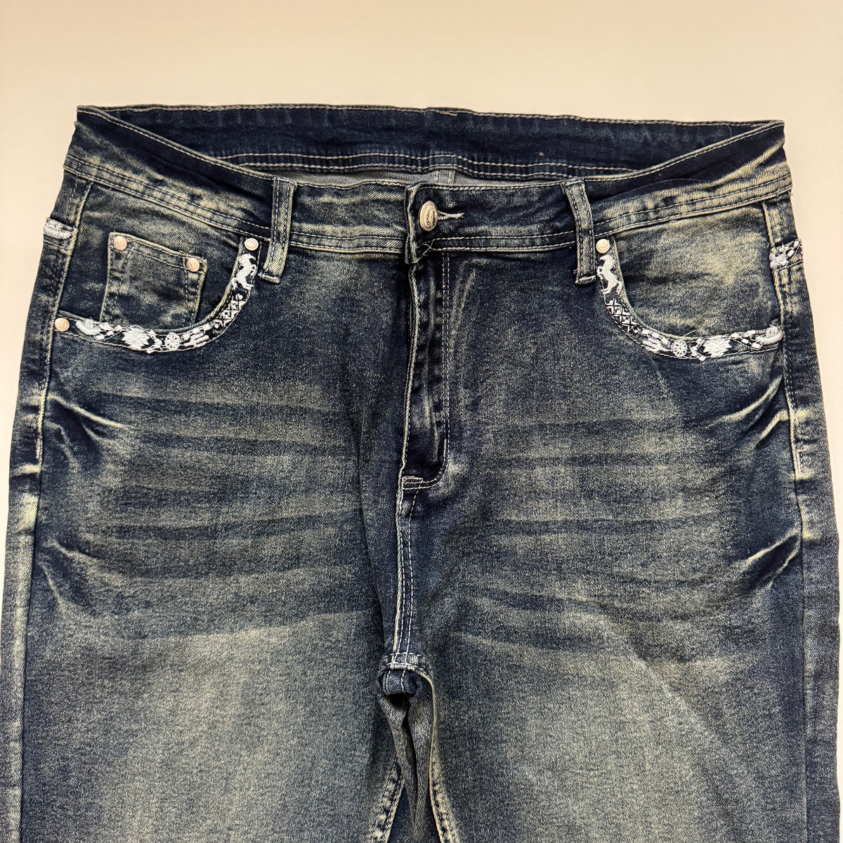 Dark Denim Cross Embroidered Flared Jeans (M)