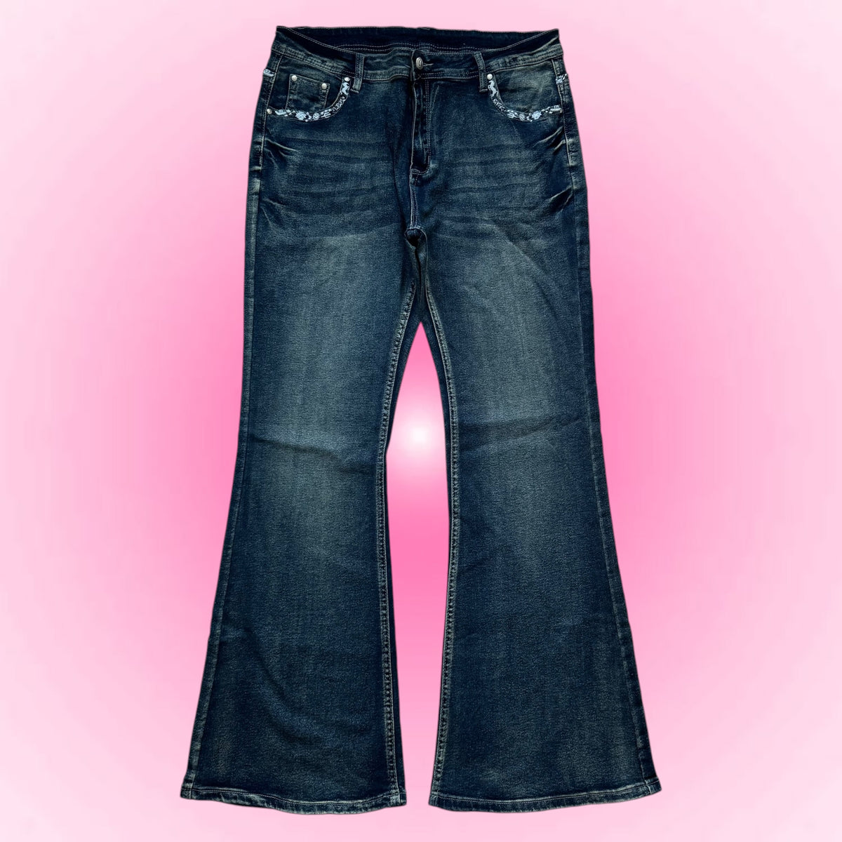 Dark Denim Cross Embroidered Flared Jeans (M)