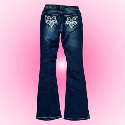 Dark Blue Embroidered Flared Jeans (XS)