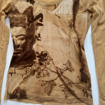 Beige Graphic Long Sleeve Top (S)