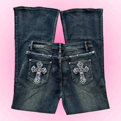 Dark Denim Cross Embroidered Flared Jeans (M)