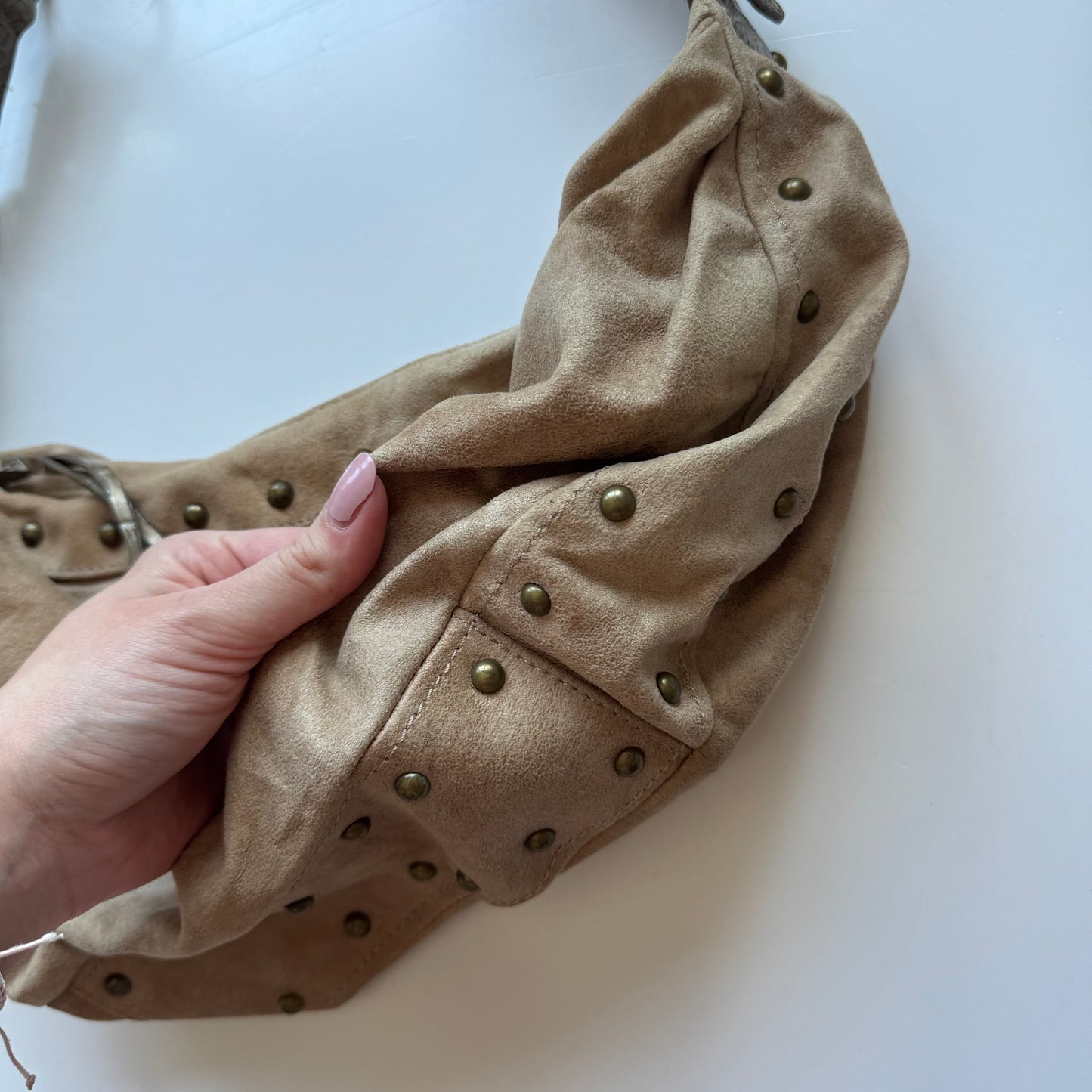 Beige Studded Hobo Bag Kathy Van Zeeland