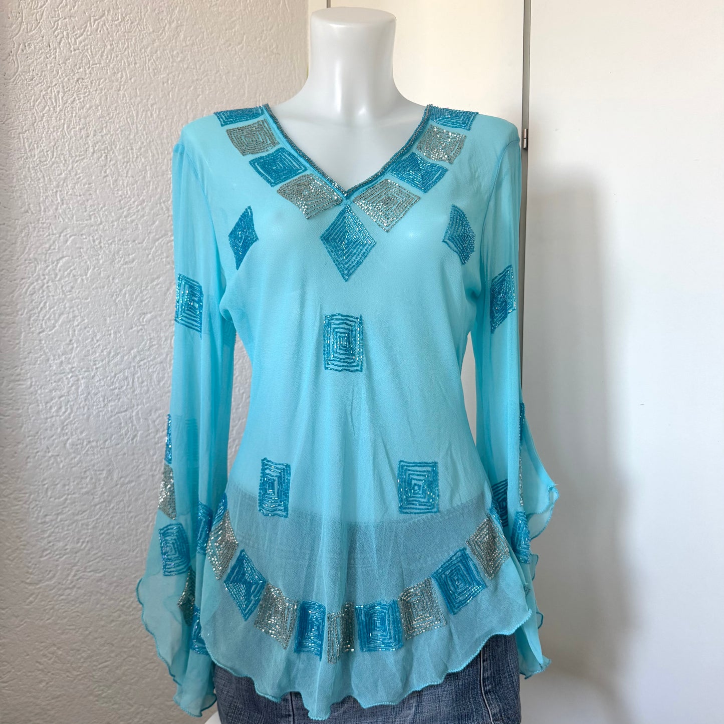 Blue Sheer Embellished Blouse (L)