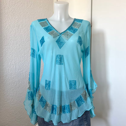 Blue Sheer Embellished Blouse (L)