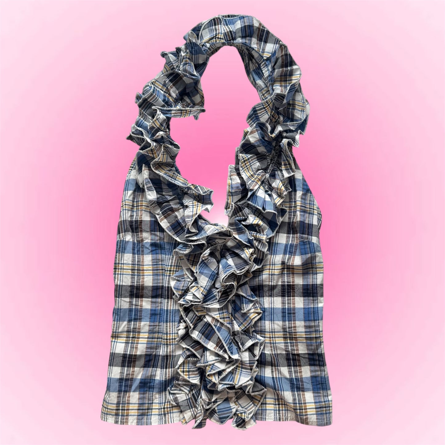Plaid Blue Ruffle Y2K Halter Top (S)