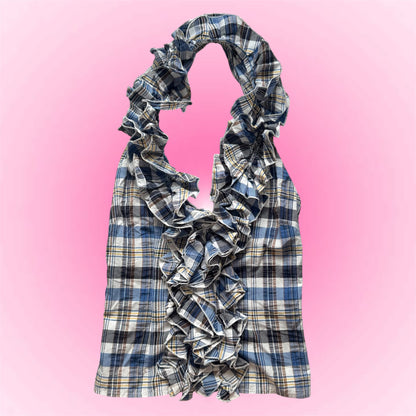 Plaid Blue Ruffle Y2K Halter Top (S)