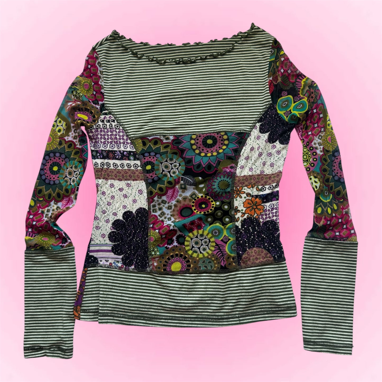 Vintage Floral Patchwork Long Sleeve Top (S)