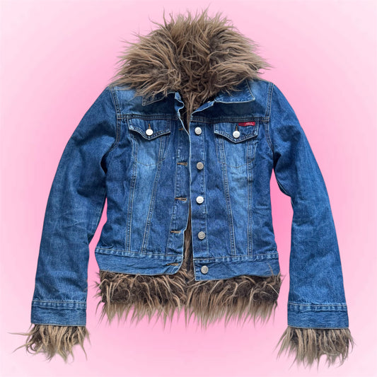 Denim Faux Fur Trim Jacket (XS)