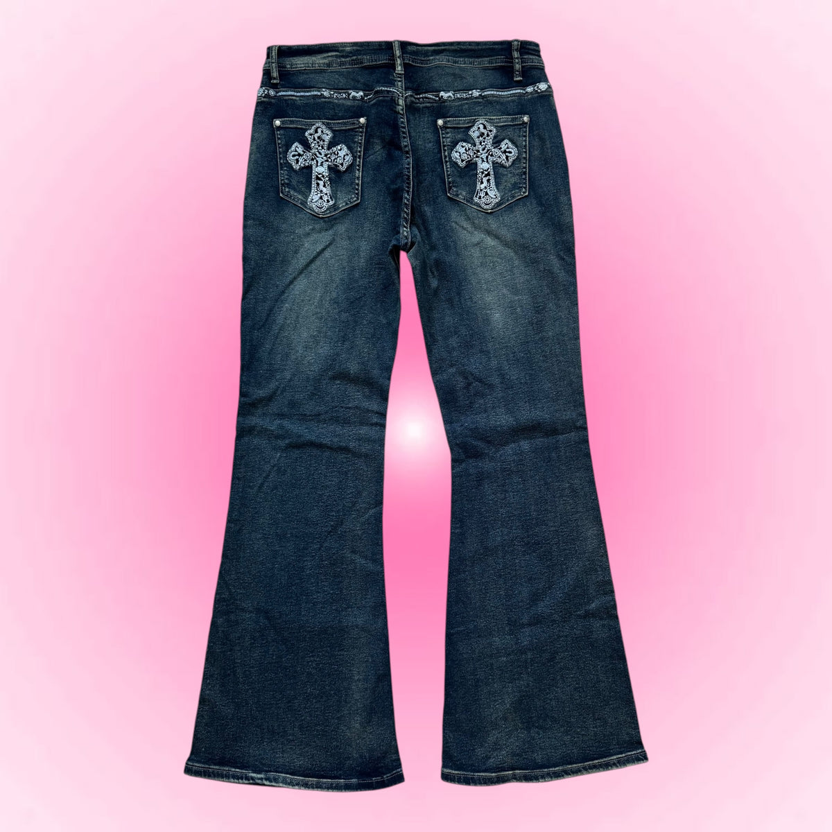 Dark Denim Cross Embroidered Flared Jeans (M)