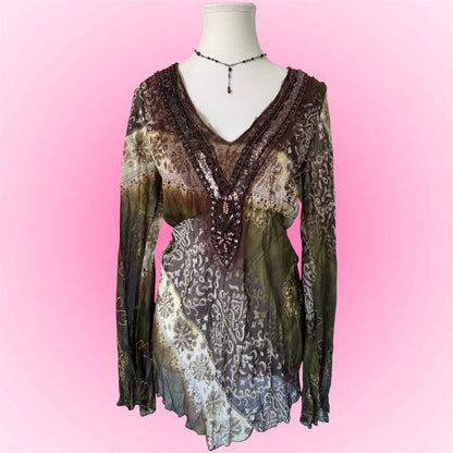 Vintage Boho Sheer Long Sleeve Top (M/L)