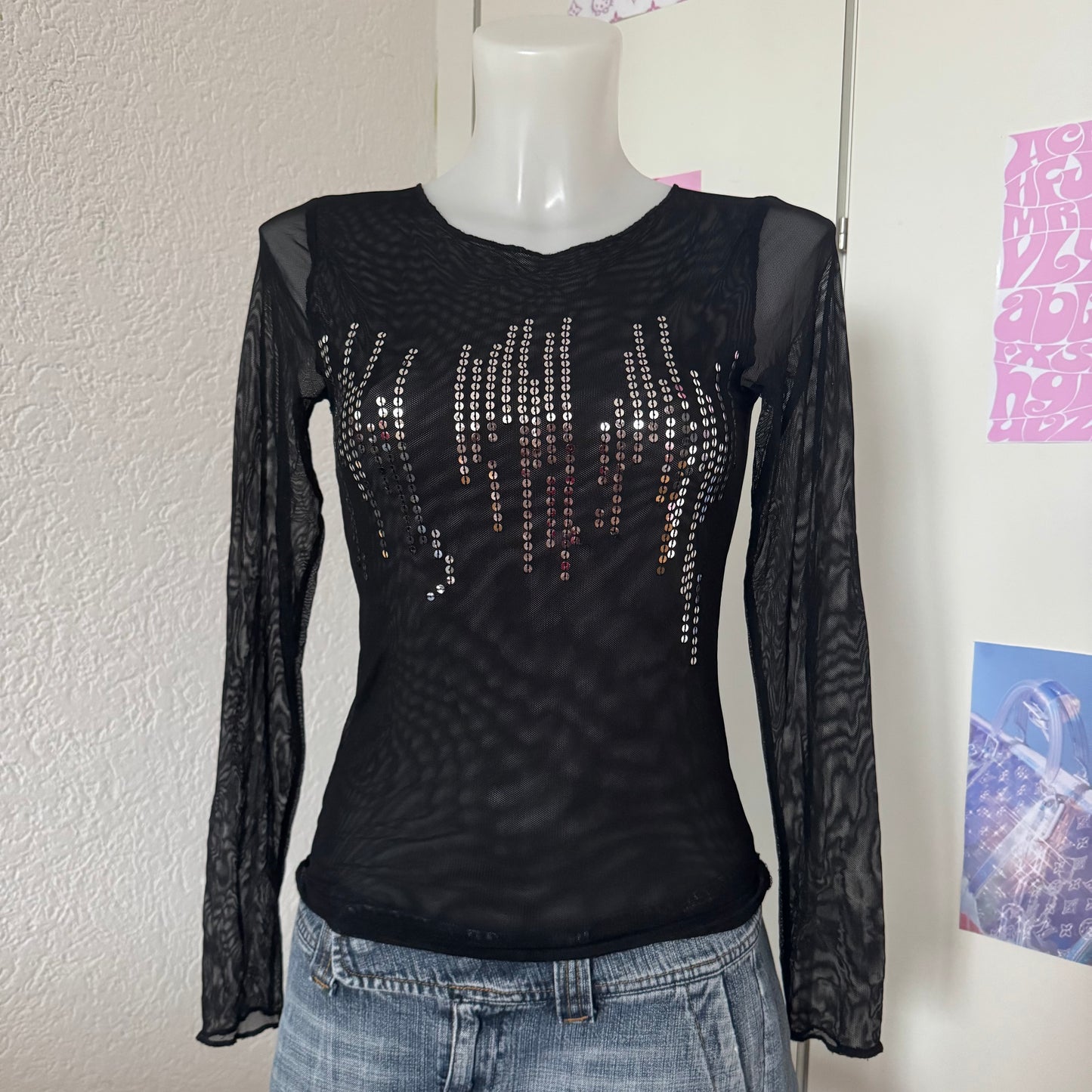 Black sequin mesh longsleeve (S)