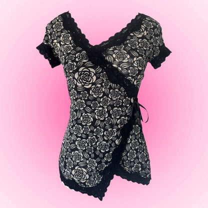 Black Floral Lace Wrap T-Shirt (S)