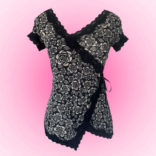 Black Floral Lace Wrap T-Shirt (S)