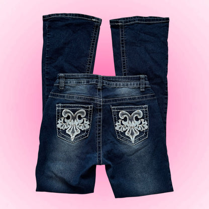 Dark Blue Embroidered Flared Jeans (XS)