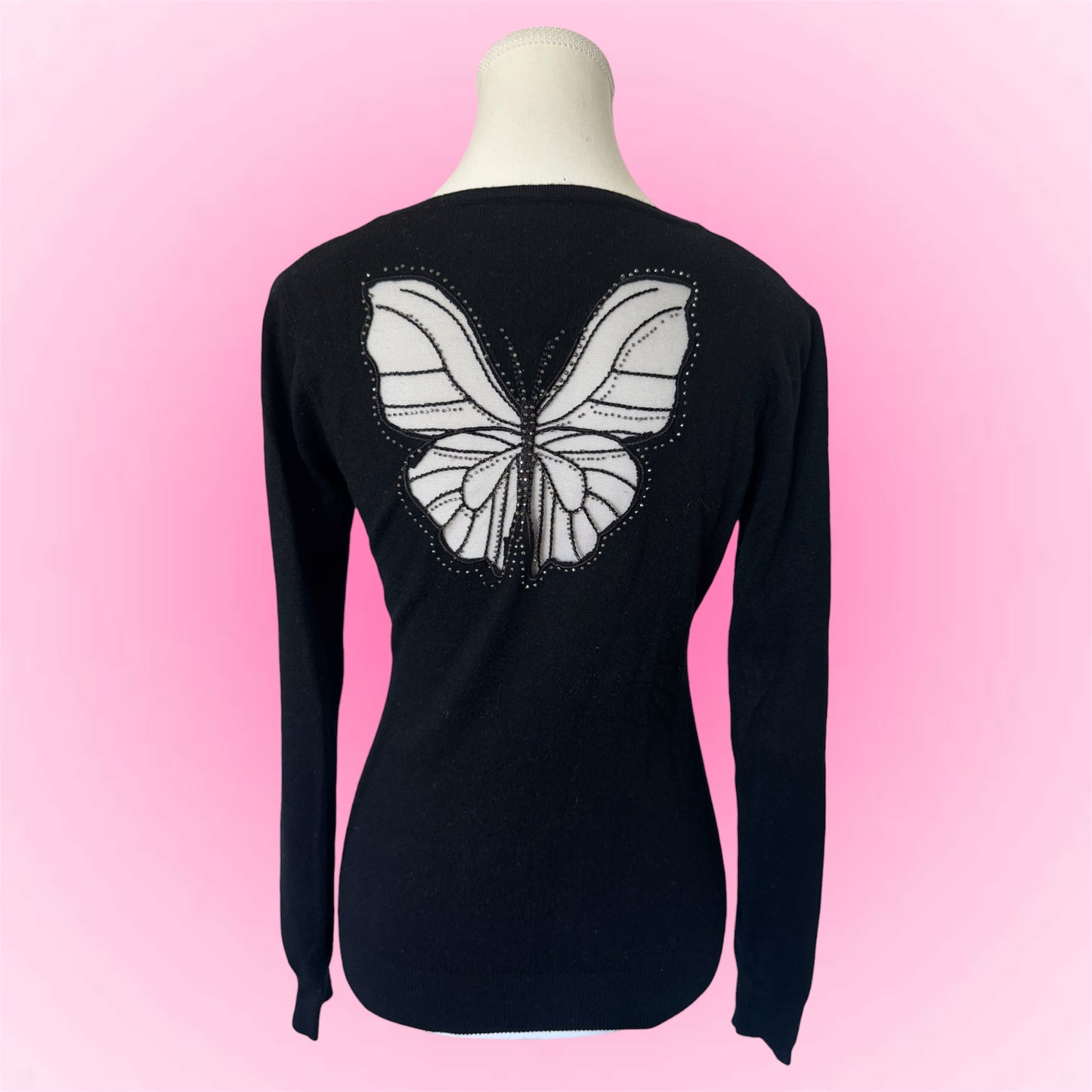 Black V-Neck Butterfly Sweater (S)