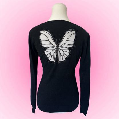 Black V-Neck Butterfly Sweater (S)