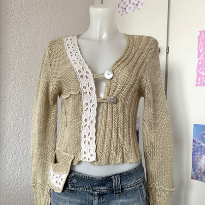 Beige Lace Cropped Cardigan