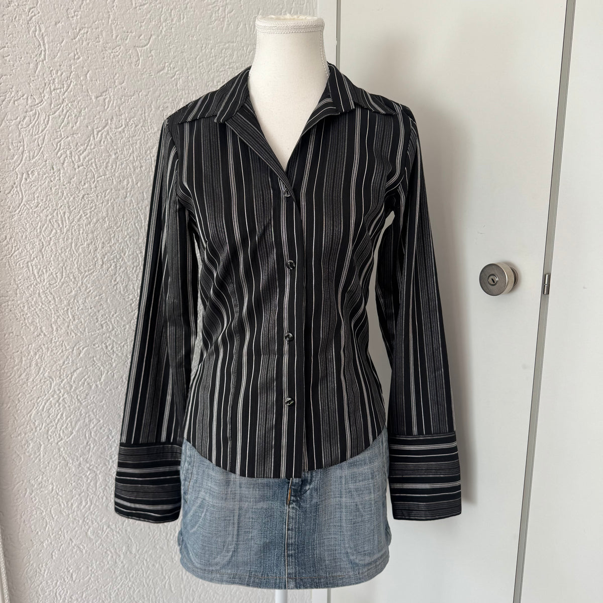 Black Striped Y2K Fitted Blouse (S)