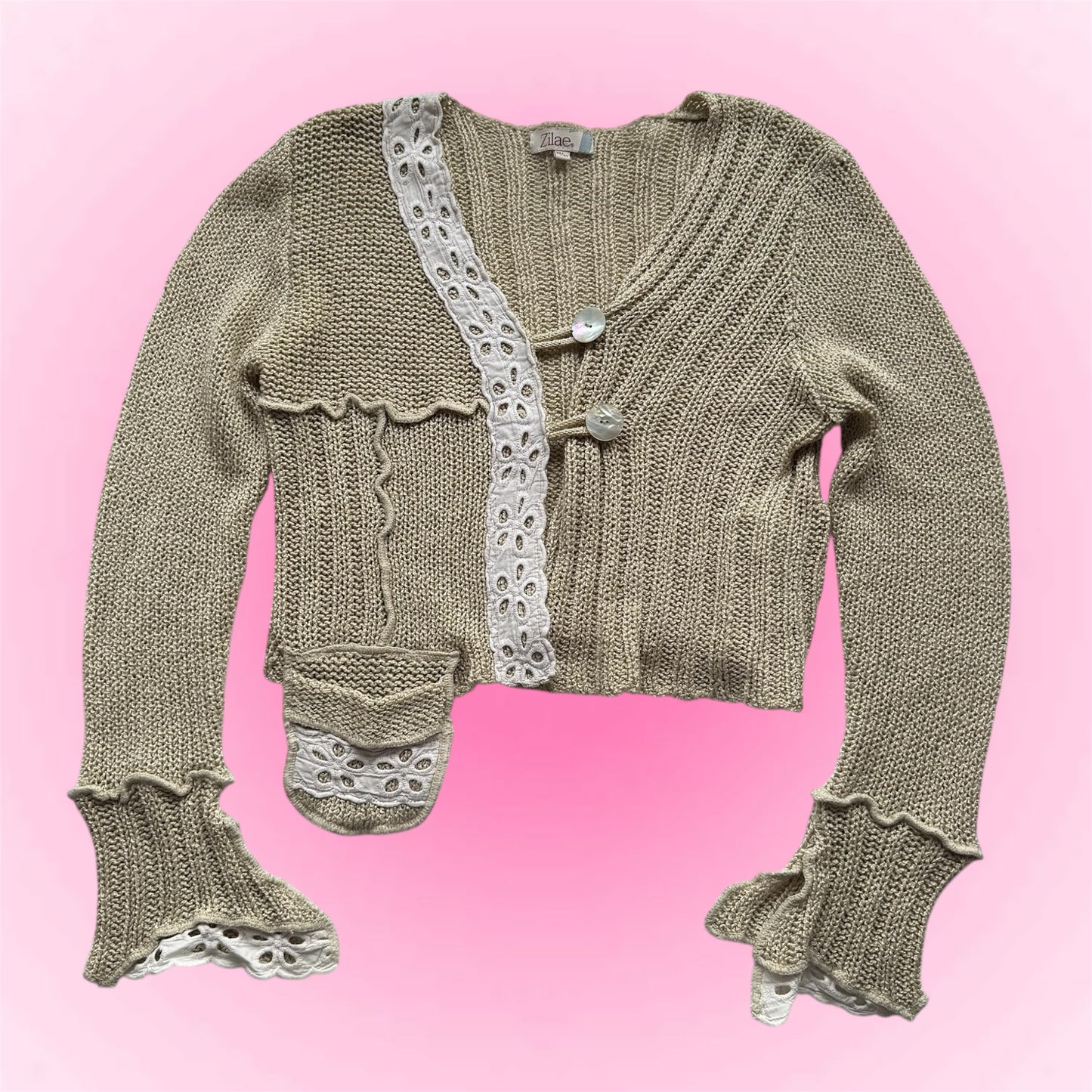 Beige Lace Cropped Cardigan
