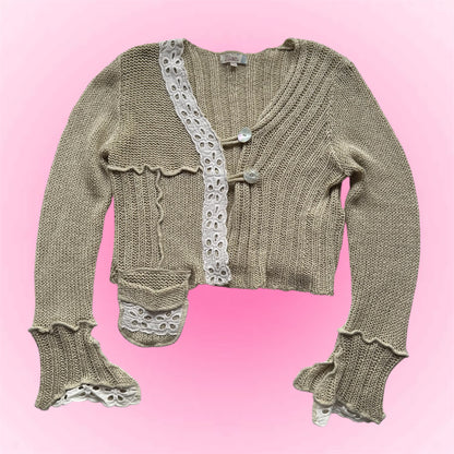 Beige Lace Cropped Cardigan