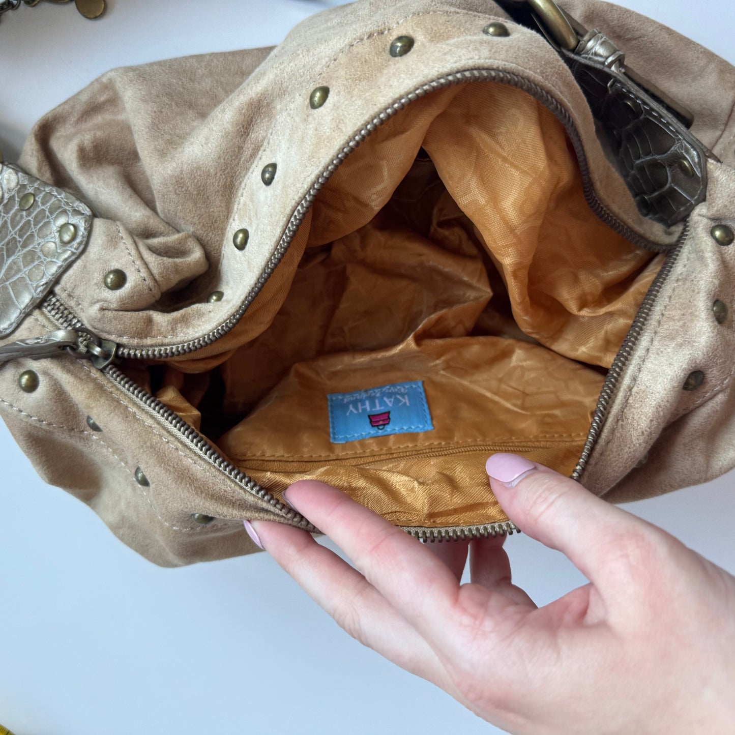 Beige Studded Hobo Bag Kathy Van Zeeland