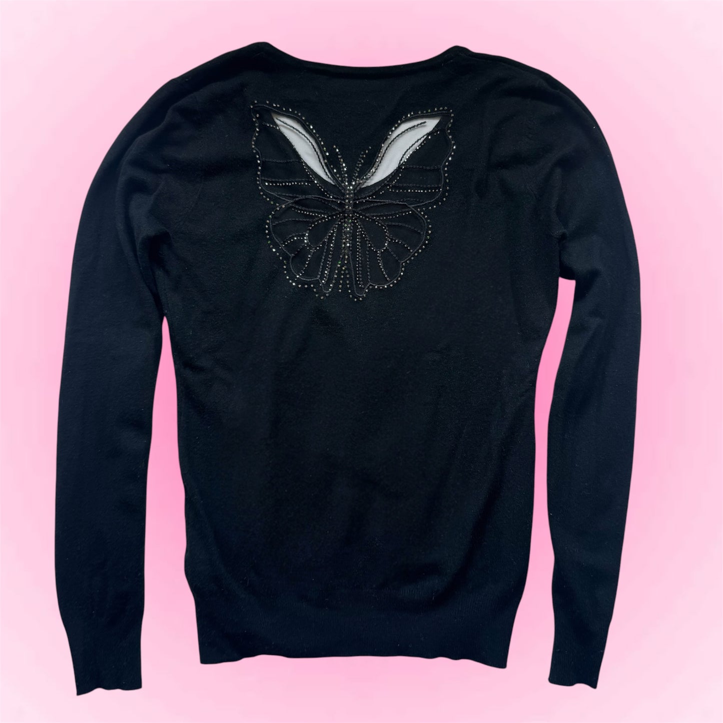 Black V-Neck Butterfly Sweater (S)