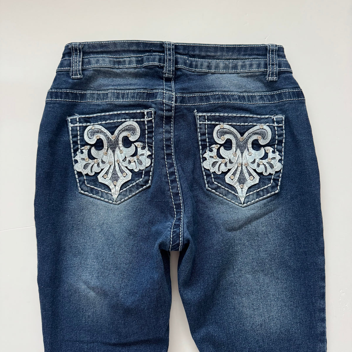 Dark Blue Embroidered Flared Jeans (XS)