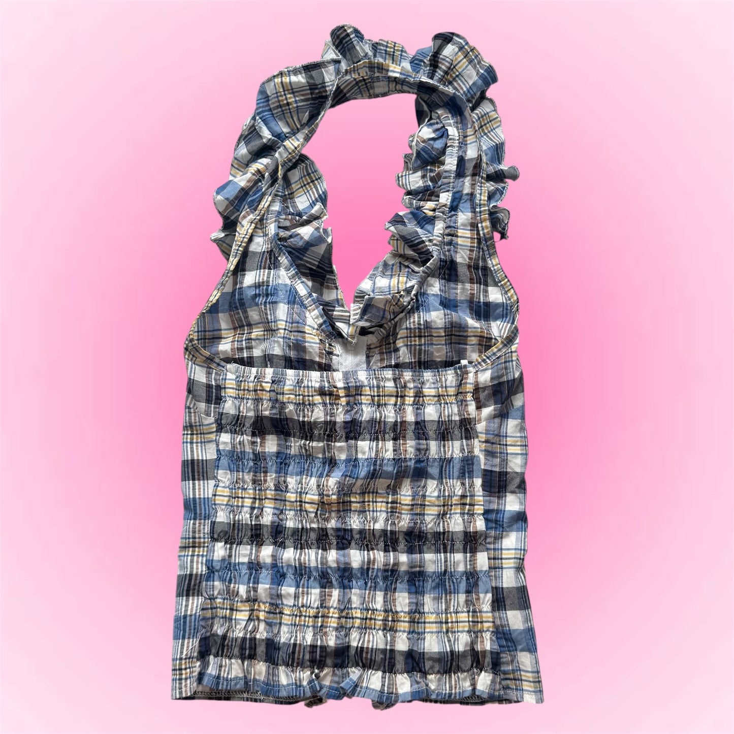 Plaid Blue Ruffle Y2K Halter Top (S)