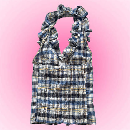 Plaid Blue Ruffle Y2K Halter Top (S)