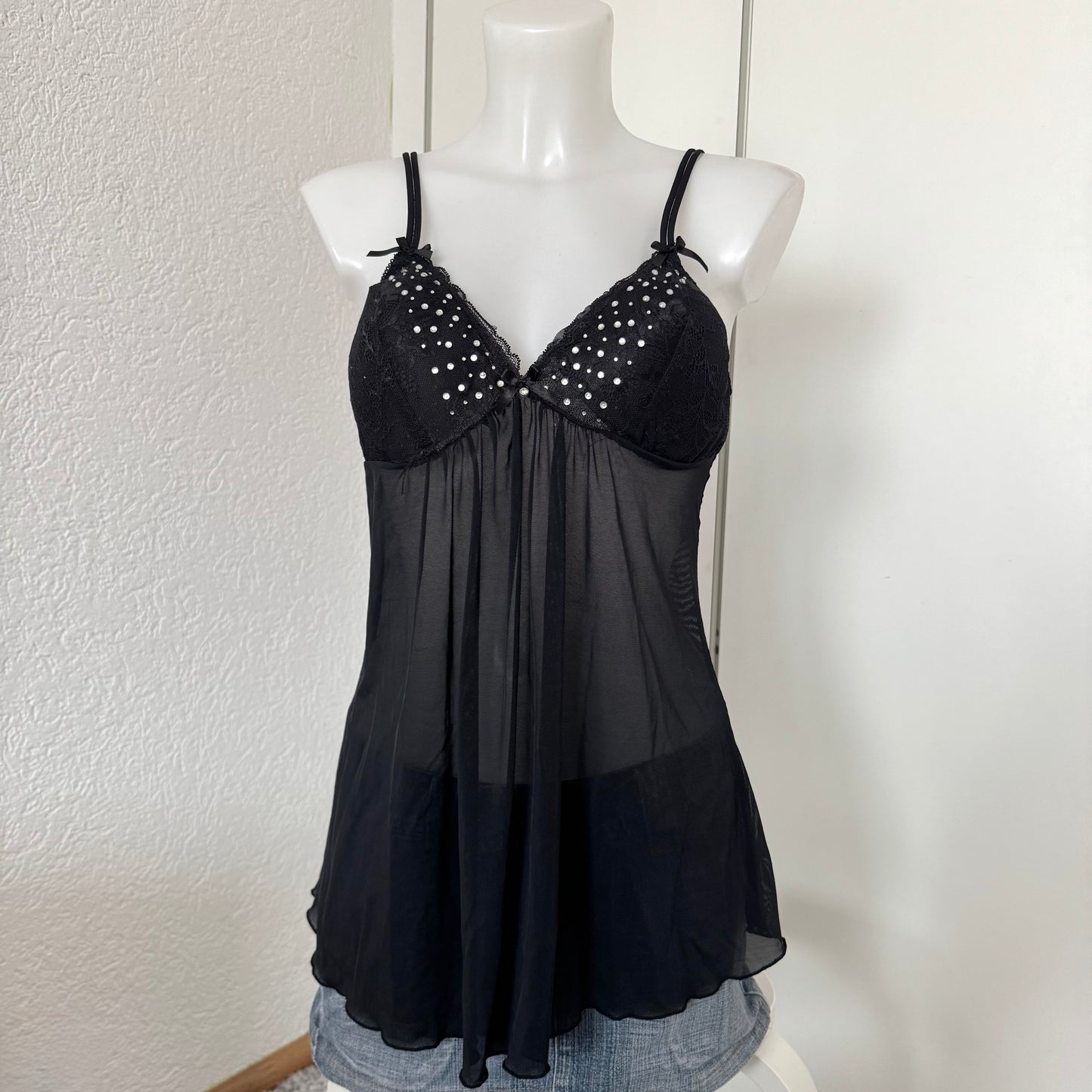Black Rhinestone Babydoll Top (M)