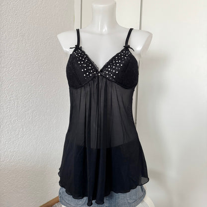 Black Rhinestone Babydoll Top (M)