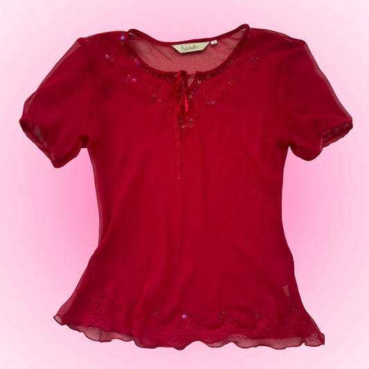 Red Sheer Embellished Shirt (S)