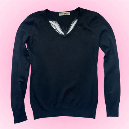 Black V-Neck Butterfly Sweater (S)