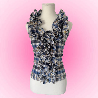 Plaid Blue Ruffle Y2K Halter Top (S)