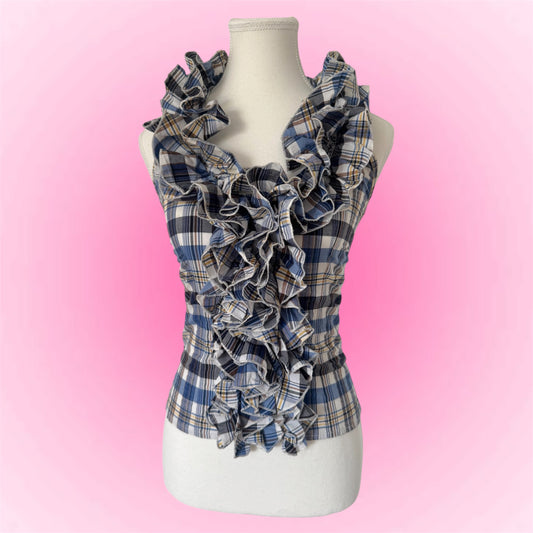 Plaid Blue Ruffle Y2K Halter Top (S)