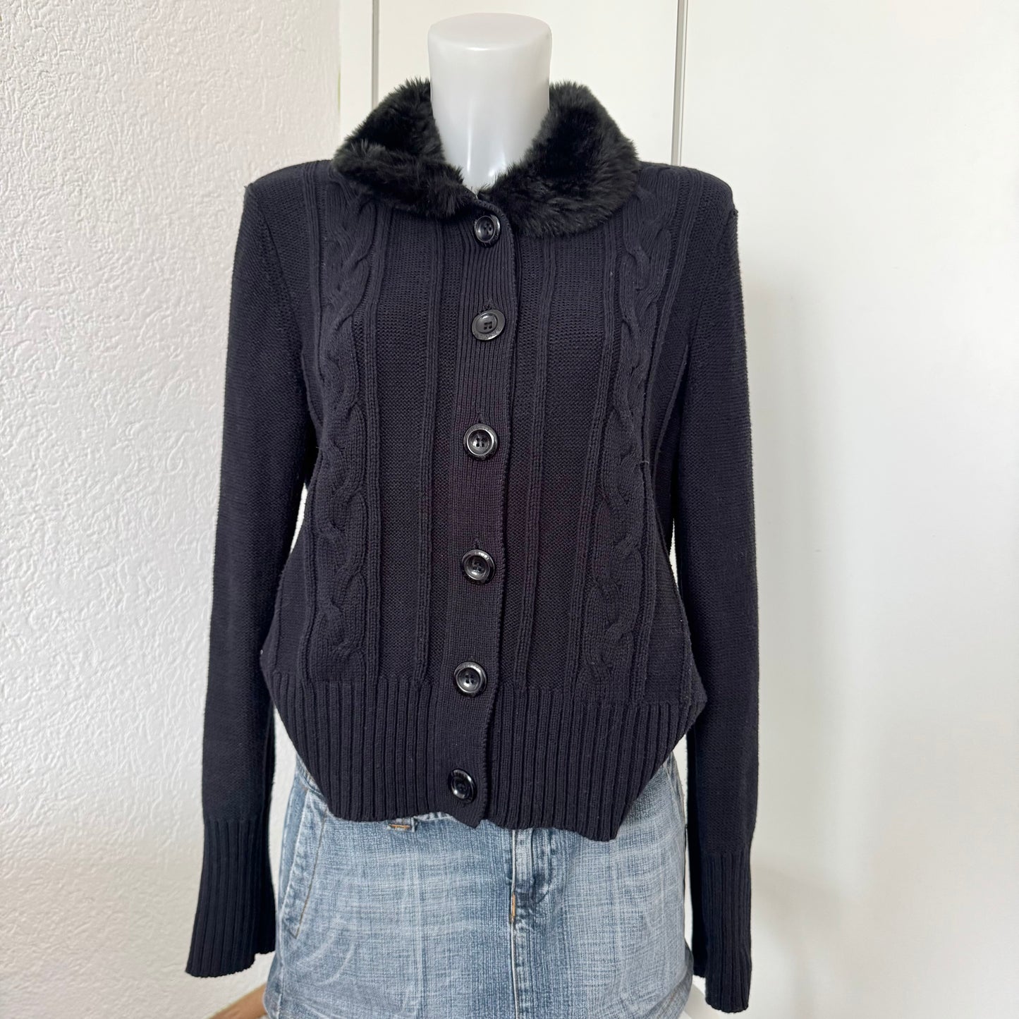 Knit Cardigan Faux Fur Collar (S)