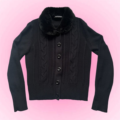 Knit Cardigan Faux Fur Collar (S)