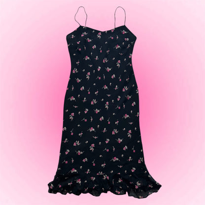 Black flower silk dress (M)