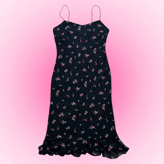 Black flower silk dress (M)