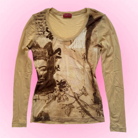 Beige Graphic Long Sleeve Top (S)