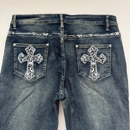 Dark Denim Cross Embroidered Flared Jeans (M)
